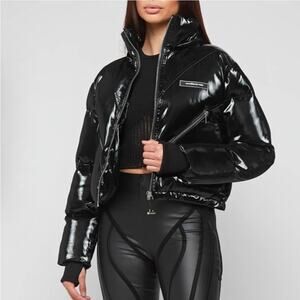 Maniere de Voir High Shine Cropped Puffer Jacket - NEW